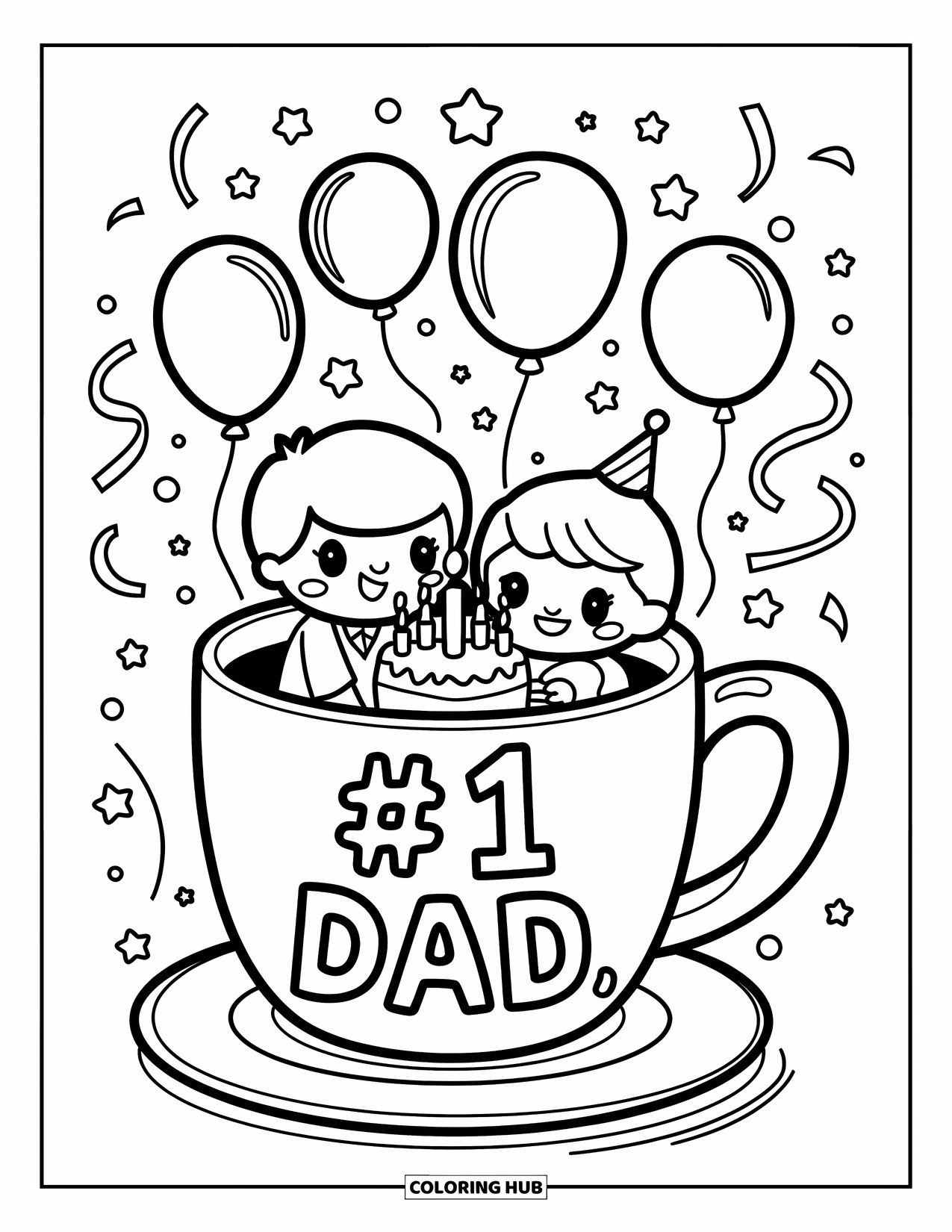 Happy Birthday Dad Coloring Page for Adults: Dad and child enjoy the party from inside a giant mug under stars and streamers