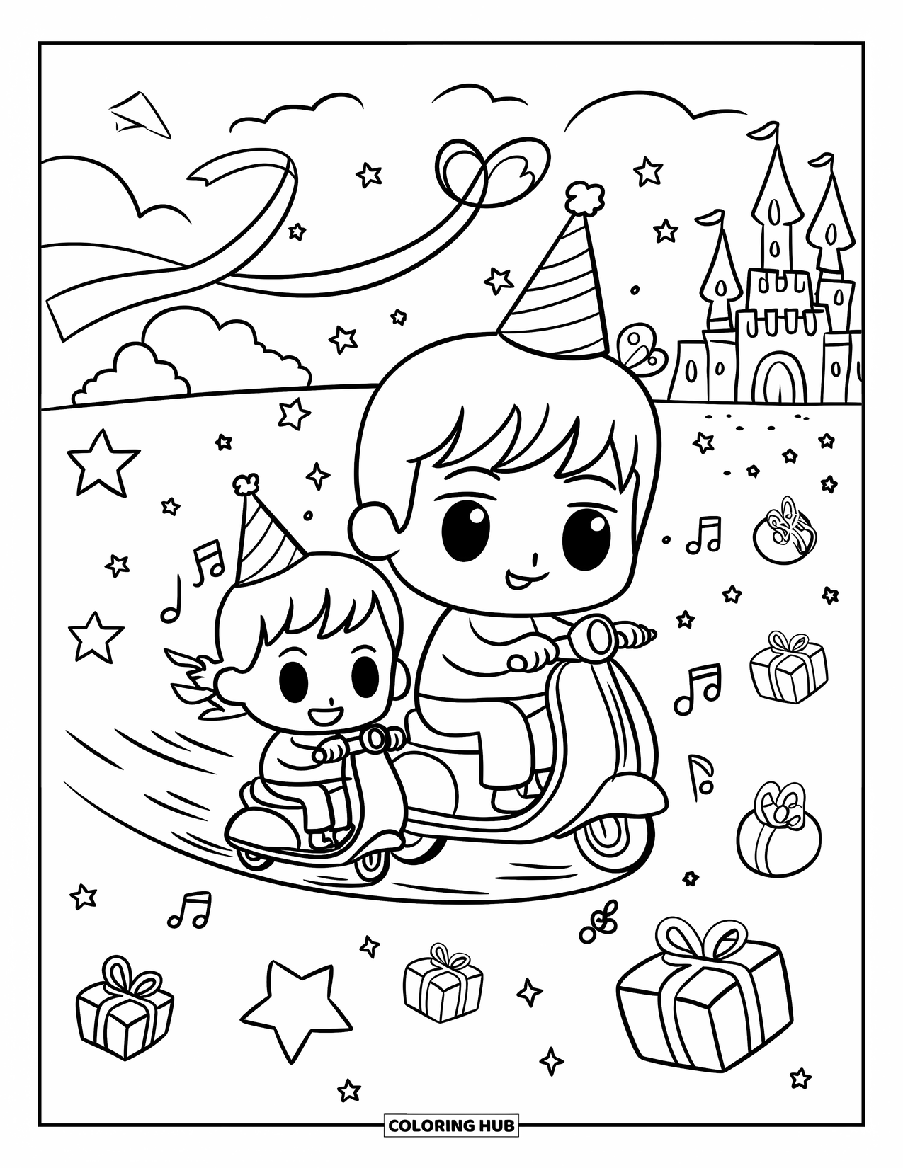 Happy Birthday Dad Coloring Page for Adults: Dad and child zoom through stars and gifts on a scooter, leaving music and ribbons behind