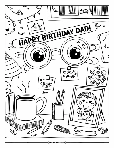 Fargeleggingsark med «Gratulerer med dagen, pappa» for voksne: Pappaens skrivebord er fylt med tegninger, en kopp og et søtt bilde med «Happy Birthday Dad!»