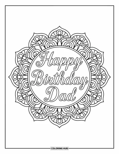 Fargeleggingsark med «Gratulerer med dagen, pappa» for voksne: Detaljerte mandalamønstre innrammer «Happy Birthday Dad» nederst på siden