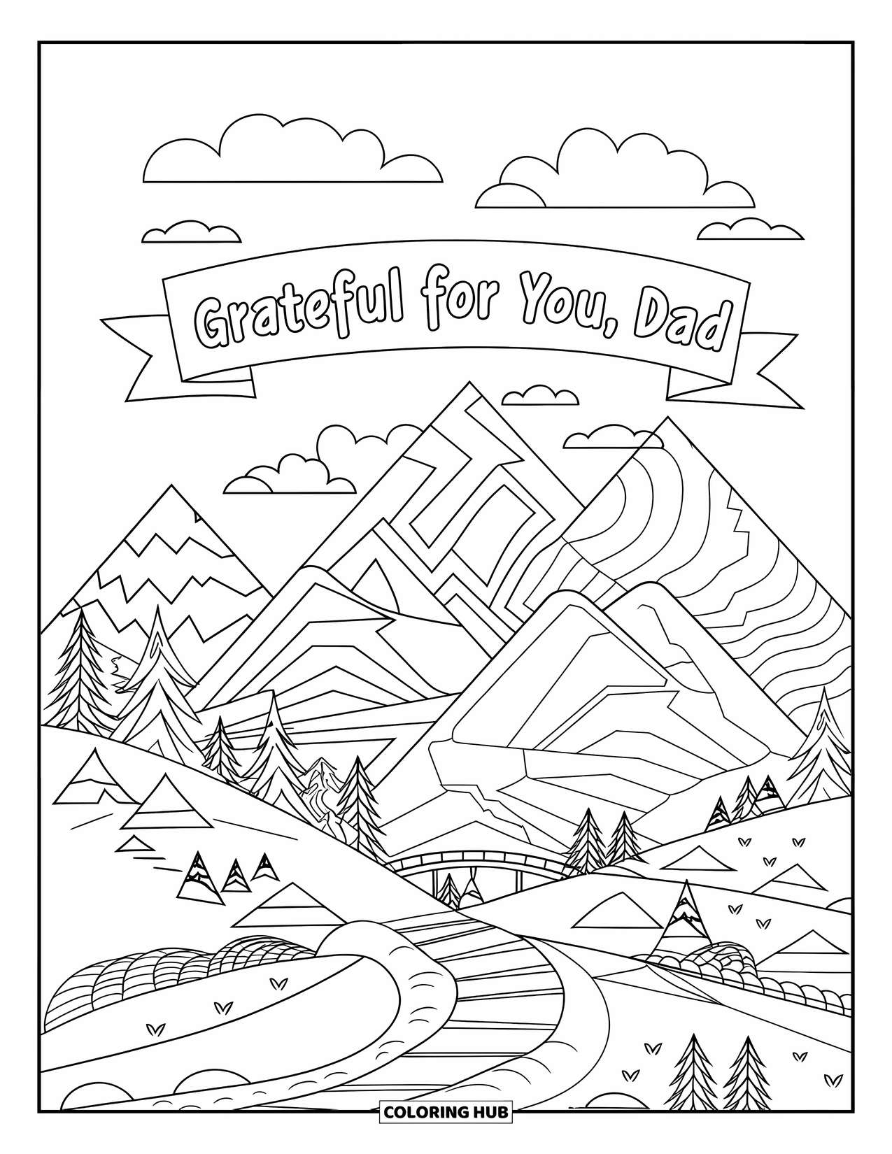 Happy Birthday Dad Coloring Page for Adults: Mountains, trees, and a banner say "Grateful for You, Dad" above a peaceful trail