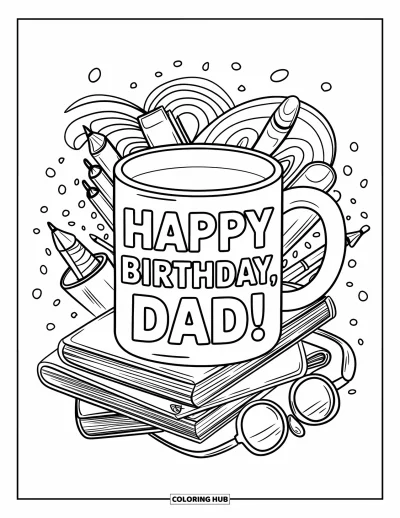 Fargeleggingsark med «Gratulerer med dagen, pappa» for voksne: Slyng og tegninger innrammer et muntert «Happy Birthday, Dad!» på en retro-kopp