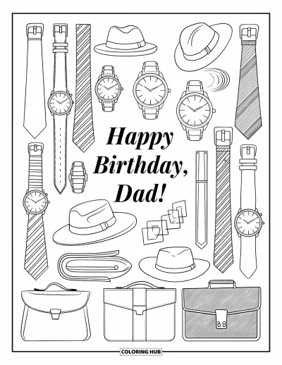Fargeleggingsark med «Gratulerer med dagen, pappa» for voksne: Slips, klokker og hatter innrammer et stilig «Happy Birthday, Dad!» i midten