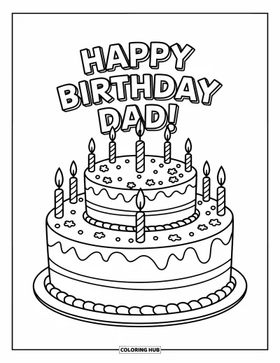 Fargeleggingsark med «Gratulerer med dagen, pappa» for barn: En stor kake med «Happy Birthday Dad!» og ett lys rager høyt med glasur og dryss