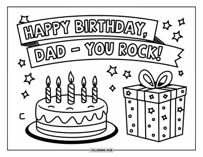 Fargeleggingsark med «Gratulerer med dagen, pappa» for barn: En bursdagskake og en gave står under et banner med «Happy Birthday, Dad – You Rock!»