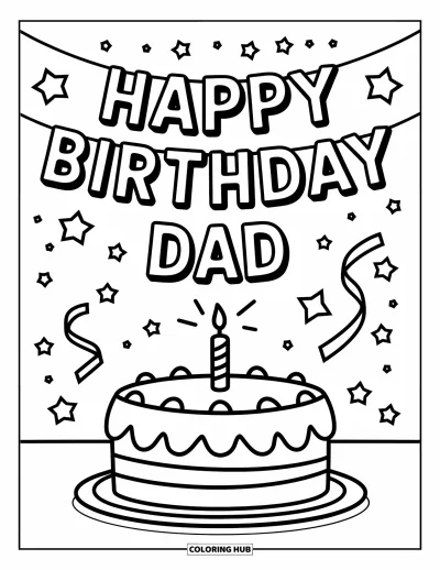 Fargeleggingsark med «Gratulerer med dagen, pappa» for barn: En bursdagskake lyser under et «Happy Birthday Dad»-banner med stjerner og vimpler