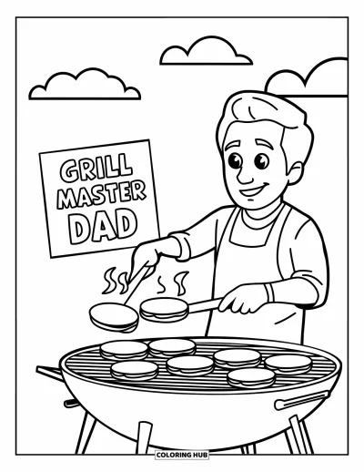 Fargeleggingsark med «Gratulerer med dagen, pappa» for barn: En munter grillscene der pappa steker burgere og et «Grill Master Dad»-kort ligger i nærheten