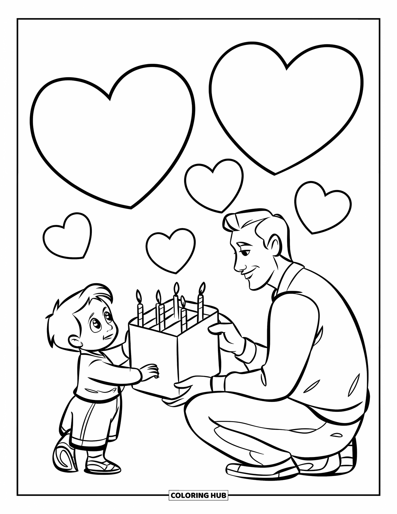 Happy Birthday Dad Coloring Page for Kids: A child gives Dad a big birthday card with hearts floating above them
