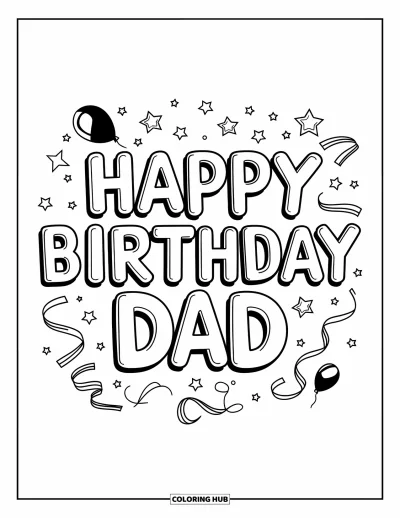 Fargeleggingsark med «Gratulerer med dagen, pappa» for barn: En festlig «Happy Birthday Dad»-melding flyter blant stjerner og vimpler