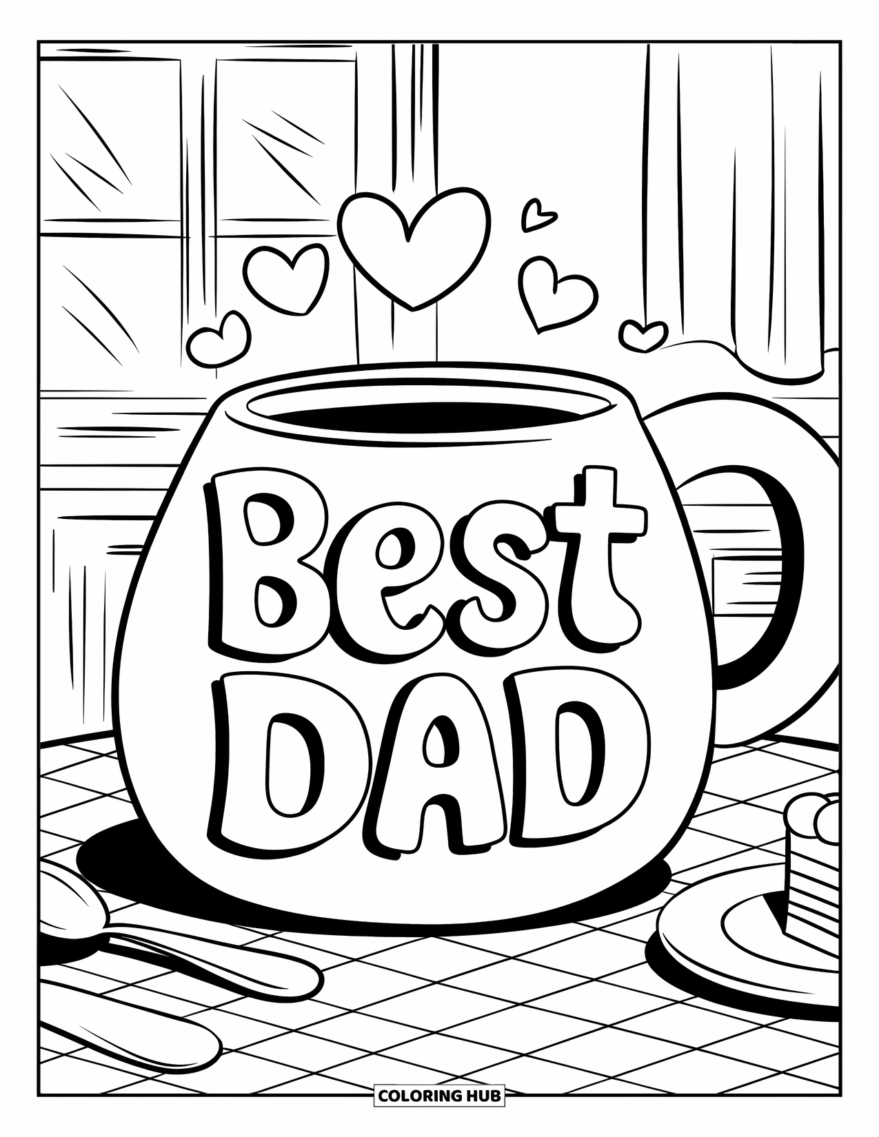 Happy Birthday Dad Coloring Page for Kids: A friendly mug with "Best Dad" sits near cake and coffee in the kitchen