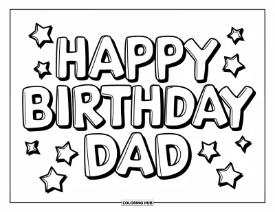 Fargeleggingsark med «Gratulerer med dagen, pappa» for barn: En morsom utstilling av ballongbokstaver og stjerner staver ut «Happy Birthday Dad»