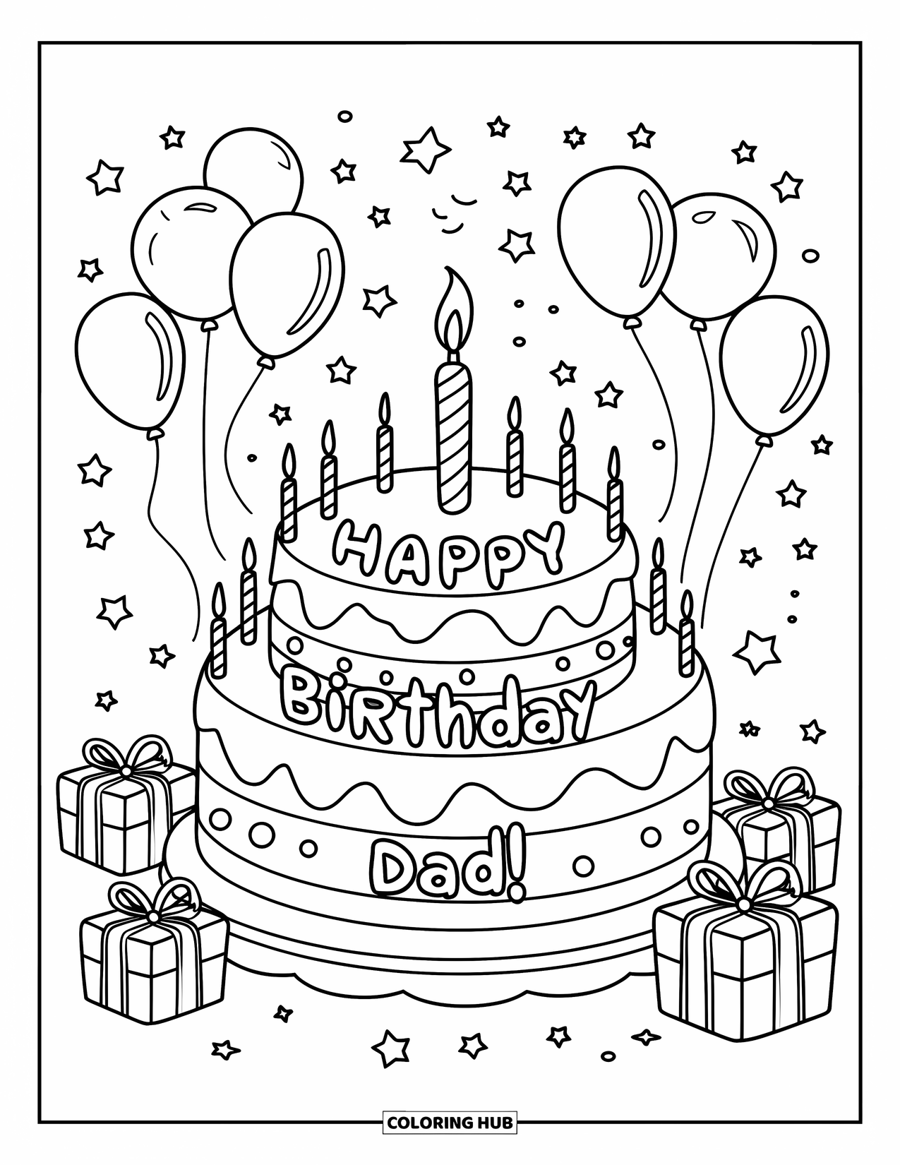 Happy Birthday Dad Coloring Page for Kids: A giant cake with balloons and presents says "Happy Birthday Dad!" in frosting