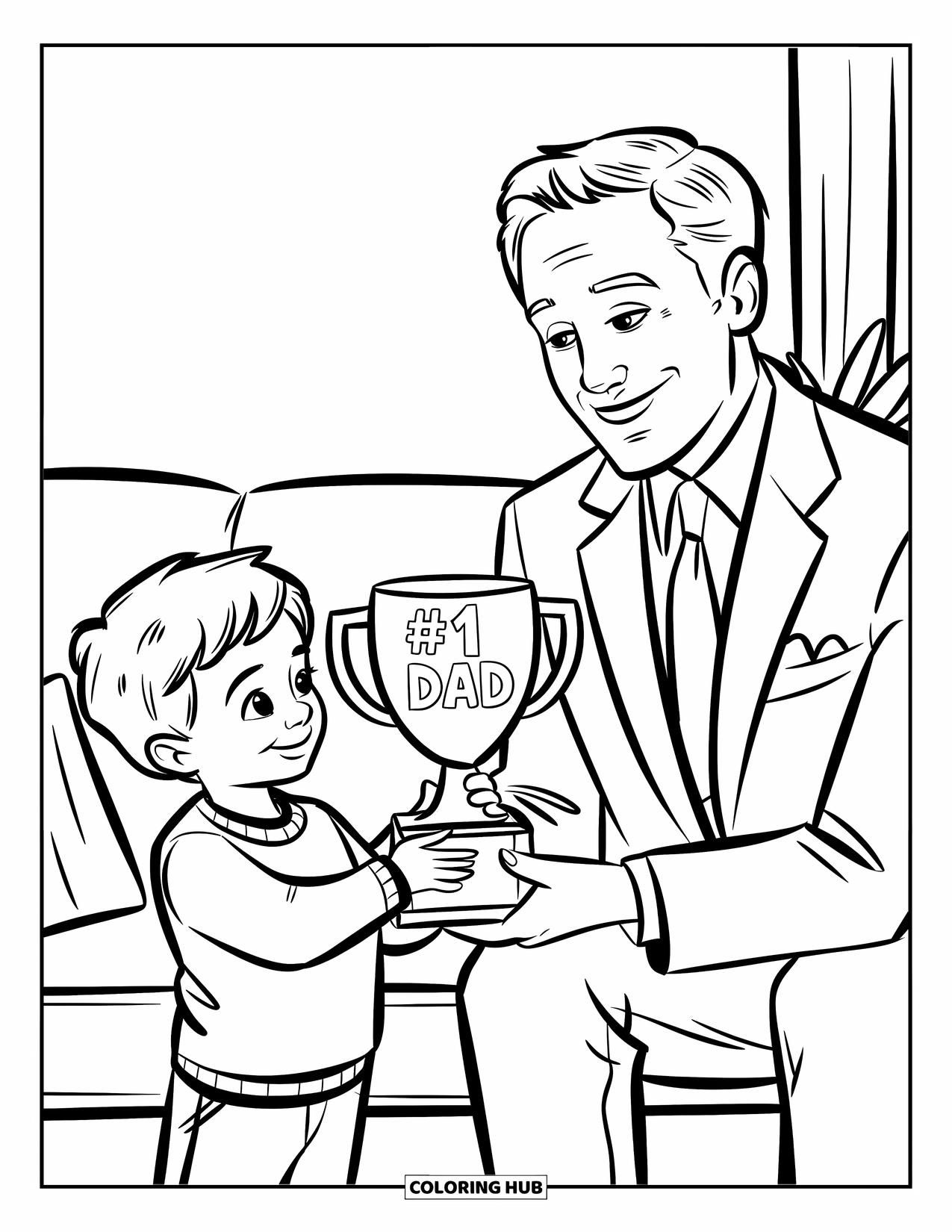 Happy Birthday Dad Coloring Page for Kids: A happy child gives Dad a trophy while they smile in a cozy room