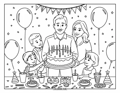 Fargeleggingsark med «Gratulerer med dagen, pappa» for barn: En glad familie omgir pappa med kake, ballonger og festlig bursdagsstemning