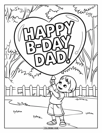 Fargeleggingsark med «Gratulerer med dagen, pappa» for barn: Et smilende barn står på en eng og holder en hjerteballong med «Happy B-Day Dad!» på