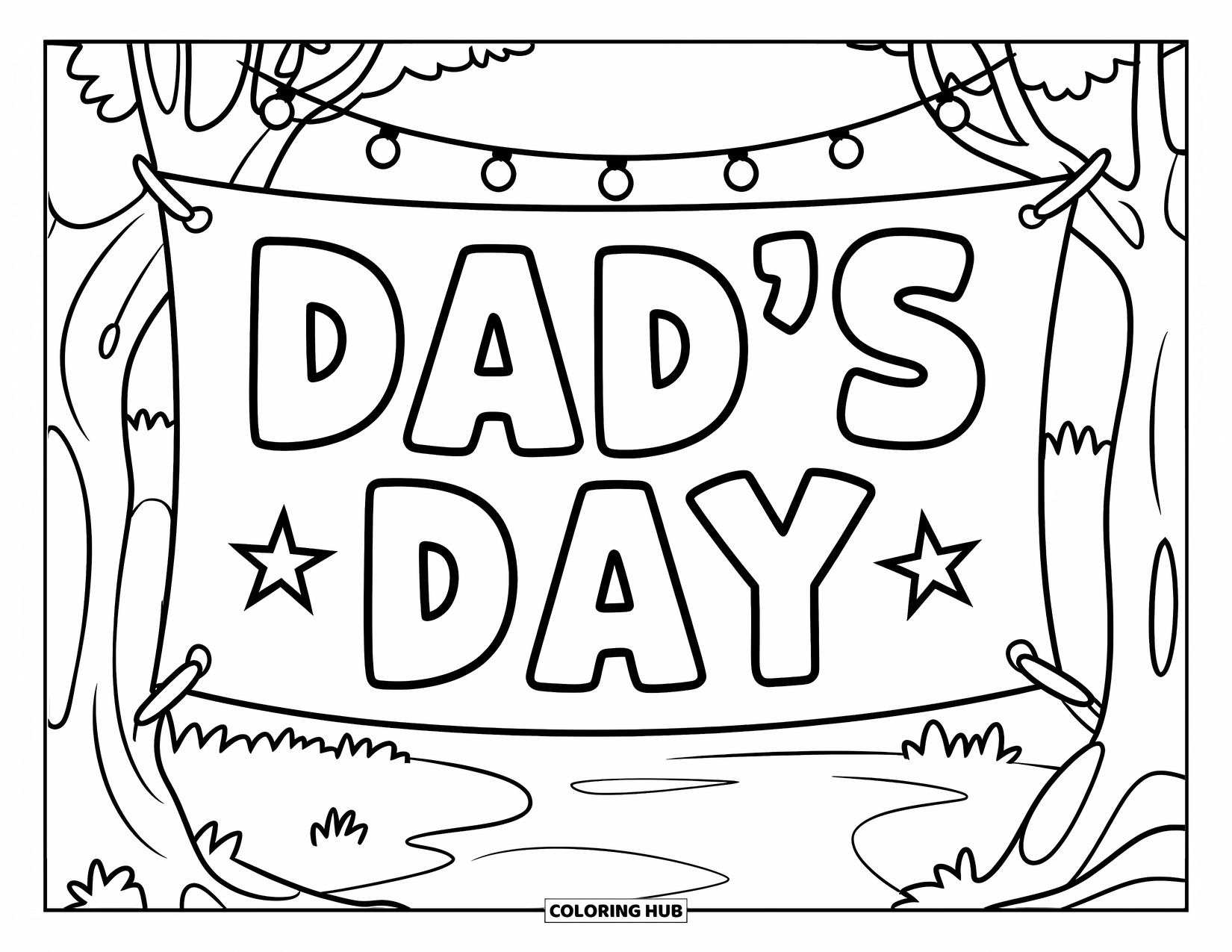 Happy Birthday Dad Coloring Page for Kids: A stylish dad poses proudly beneath string lights and a banner that says "Dad's Day"