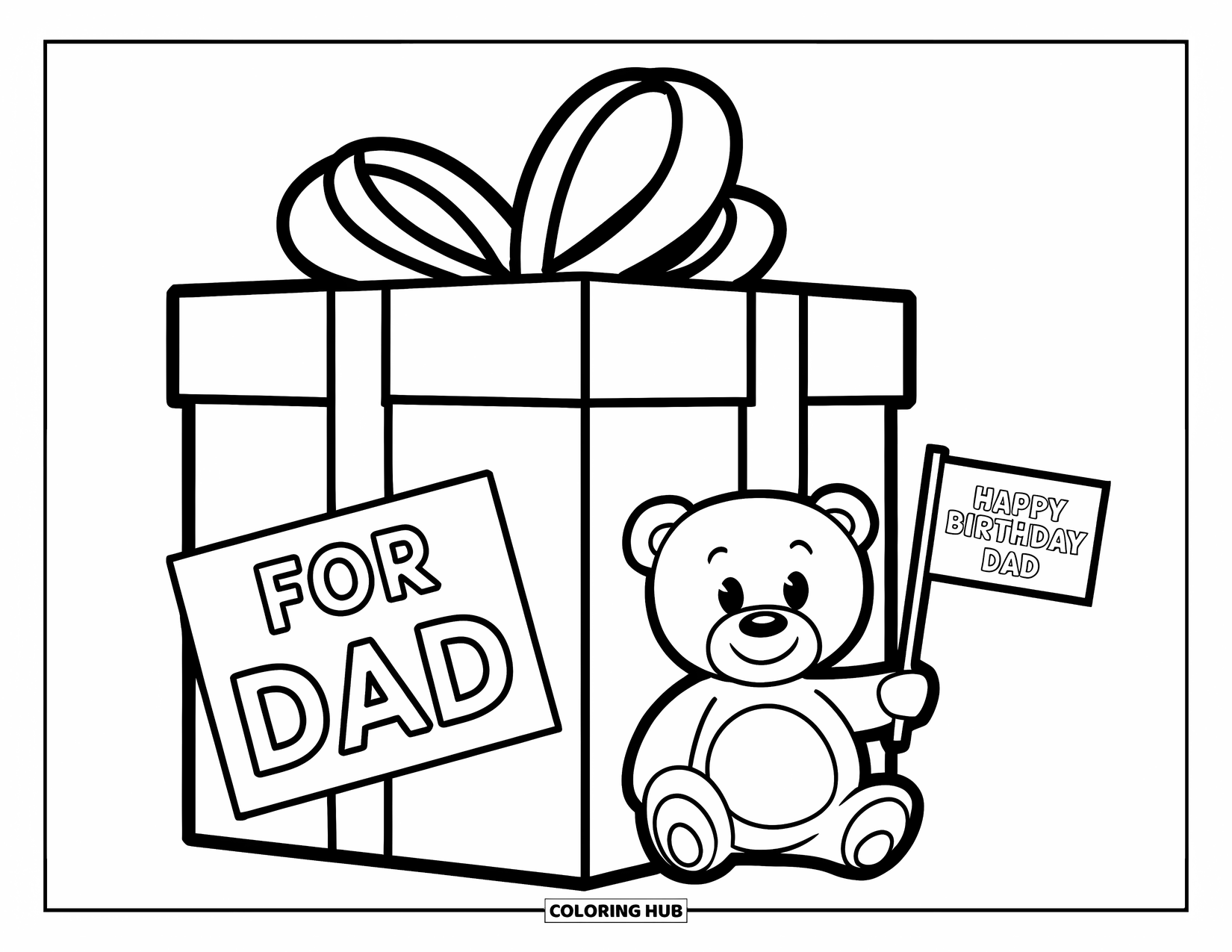 Happy Birthday Dad Coloring Page for Kids: A teddy bear with a tiny flag stands next to a gift labeled "For Dad"