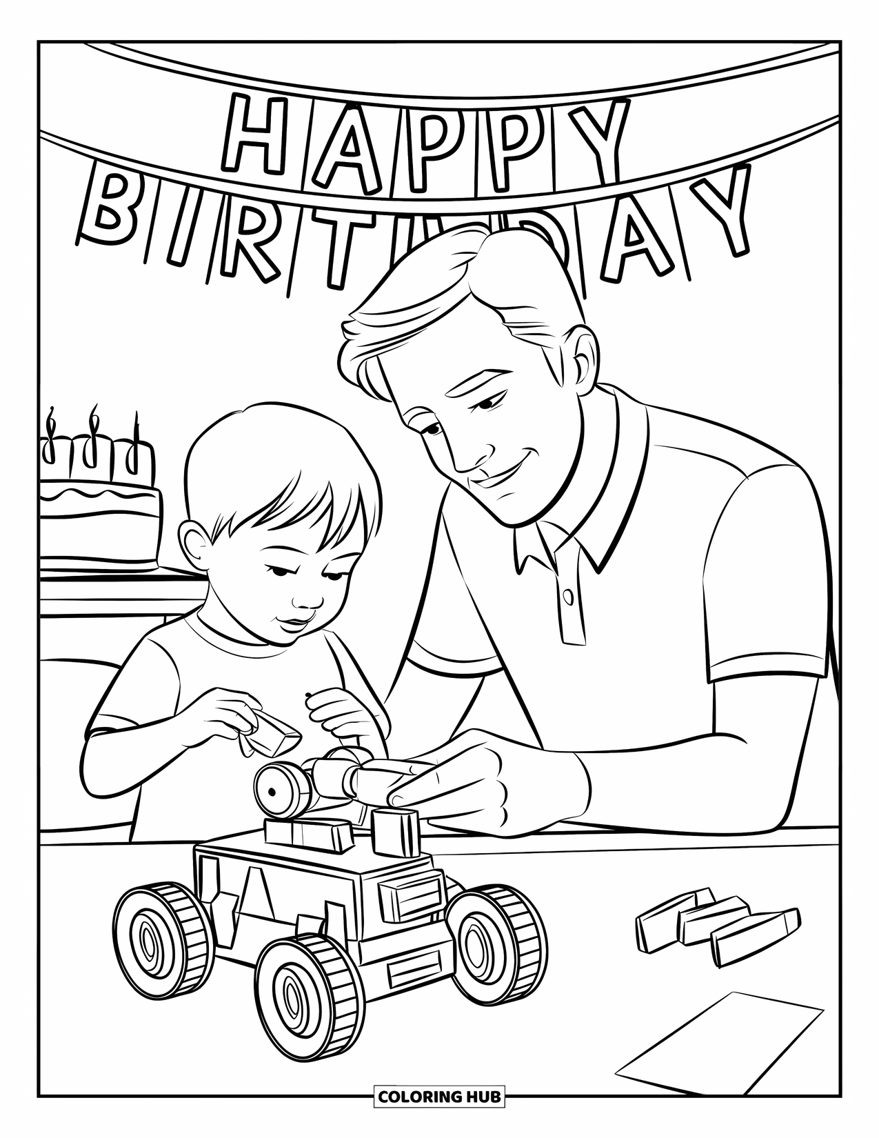 Happy Birthday Dad Coloring Page for Kids: Dad and child build a toy robot together under a cheerful birthday banner