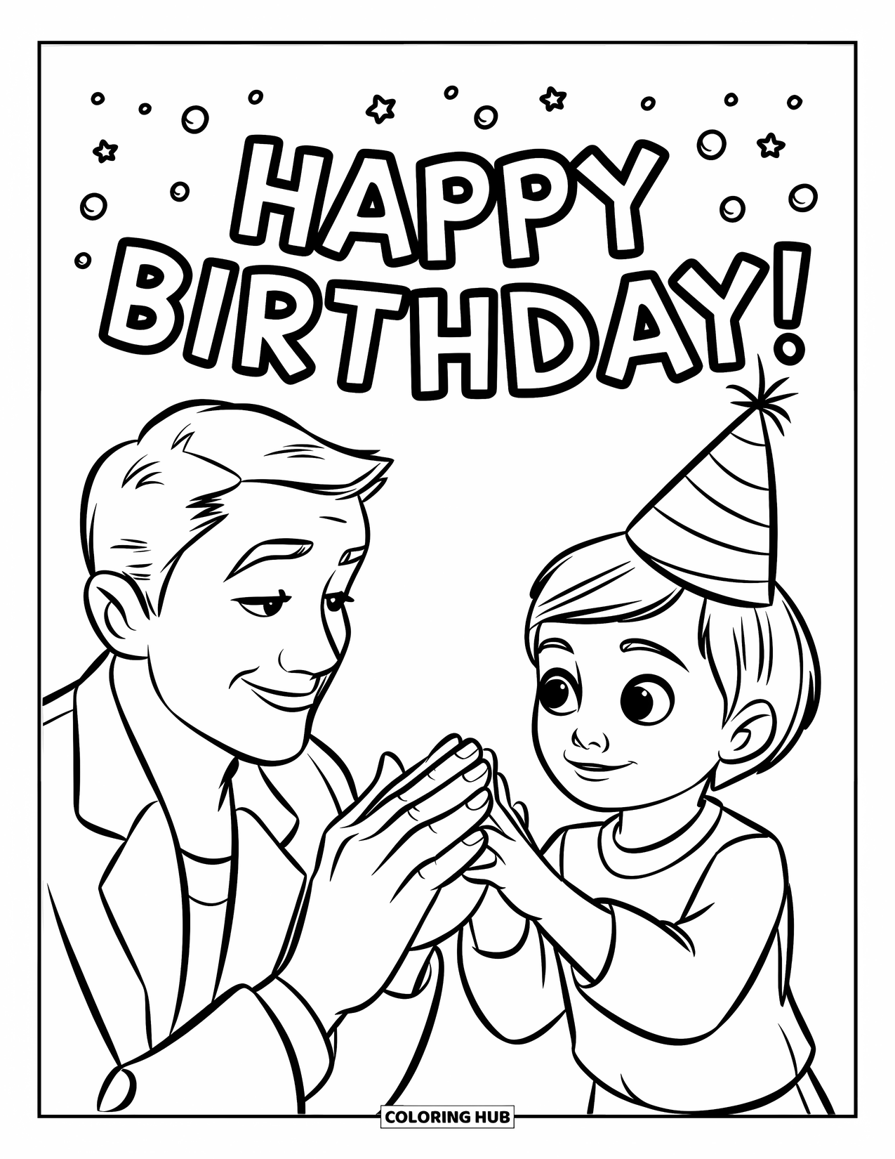 Happy Birthday Dad Coloring Page for Kids: Dad and child cheer with raised hands under a birthday banner