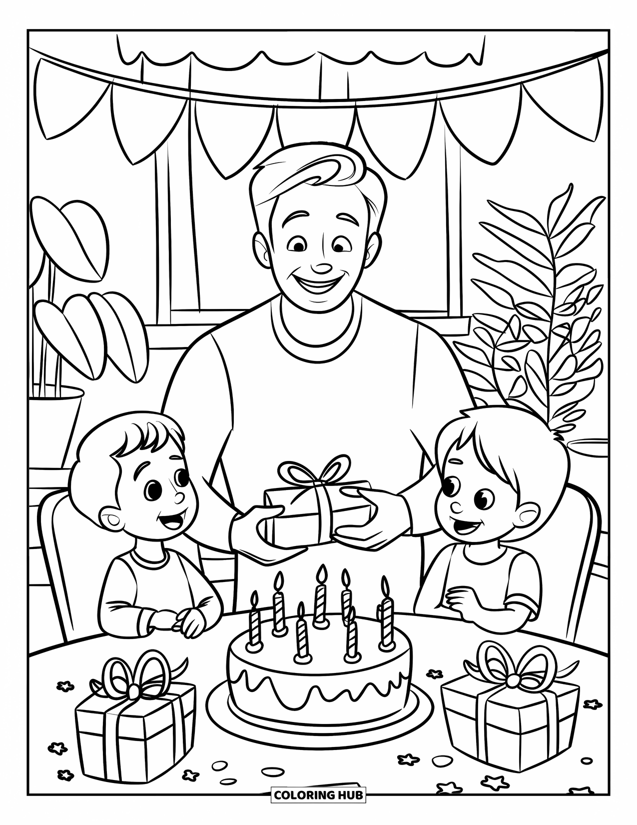 Happy Birthday Dad Coloring Page for Kids: Dad celebrates with two kids at a festive table filled with cake and decorations
