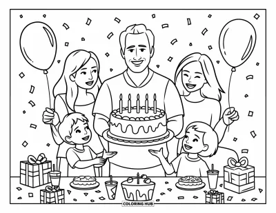 Fargeleggingsark med «Gratulerer med dagen, pappa» for barn: Pappa holder en stor kake mens familien feirer med ballonger, gaver og festgodbiter