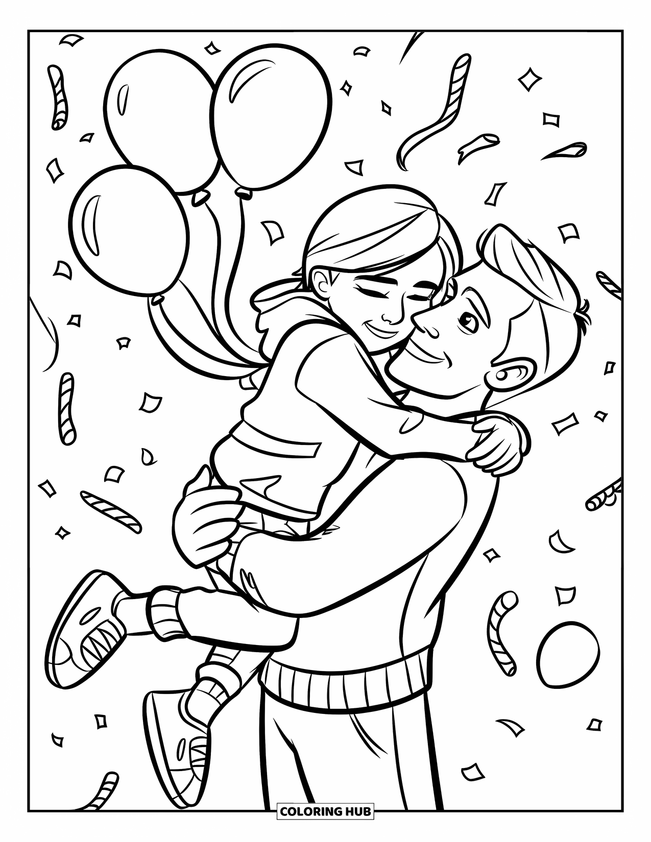Happy Birthday Dad Coloring Page for Kids: Dad lifts his teen in a joyful hug as balloons and confetti fill the air