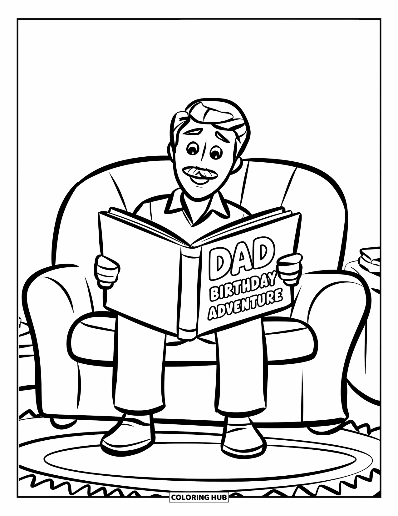 Happy Birthday Dad Coloring Page for Kids: Dad opens a book titled "Dad's Birthday Adventure" while sitting on a comfy couch