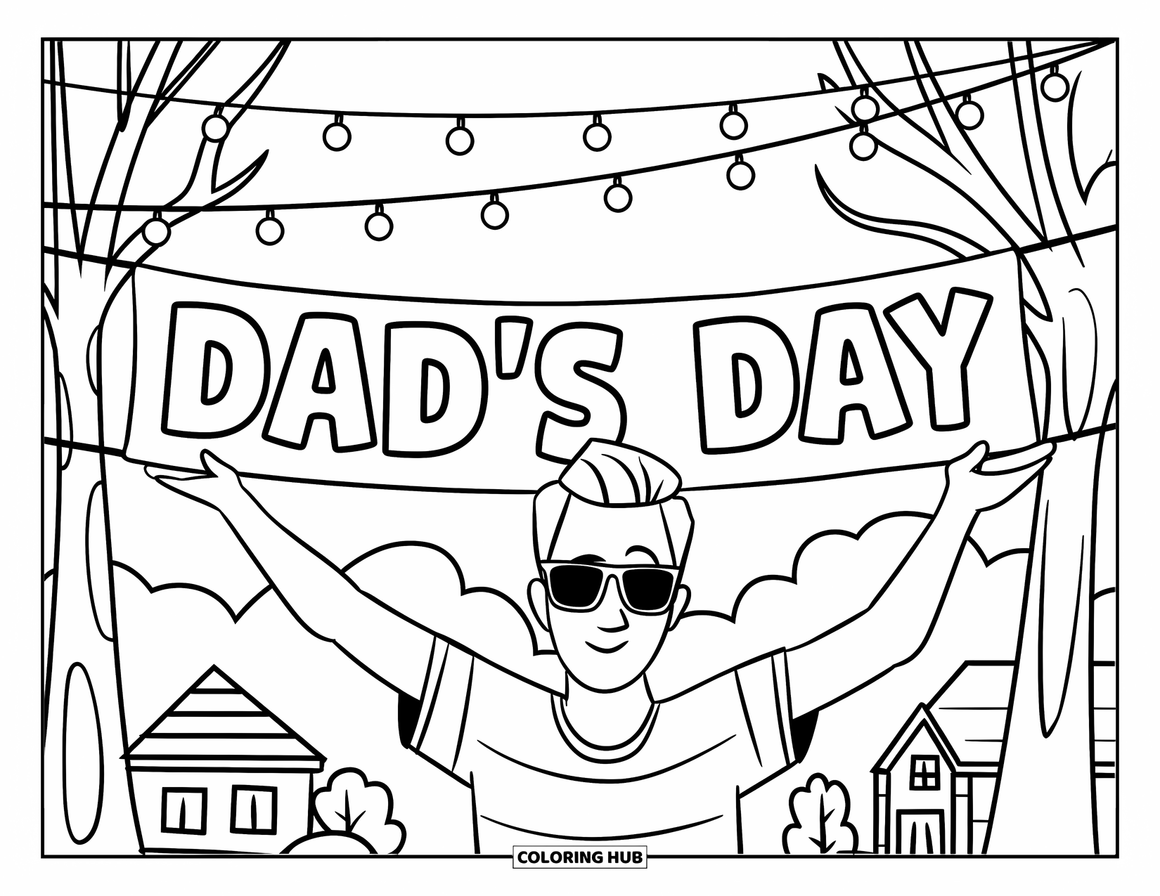 Happy Birthday Dad Coloring Page for Kids: Dad strikes a cool pose under a "Dad's Day" banner with string lights and trees