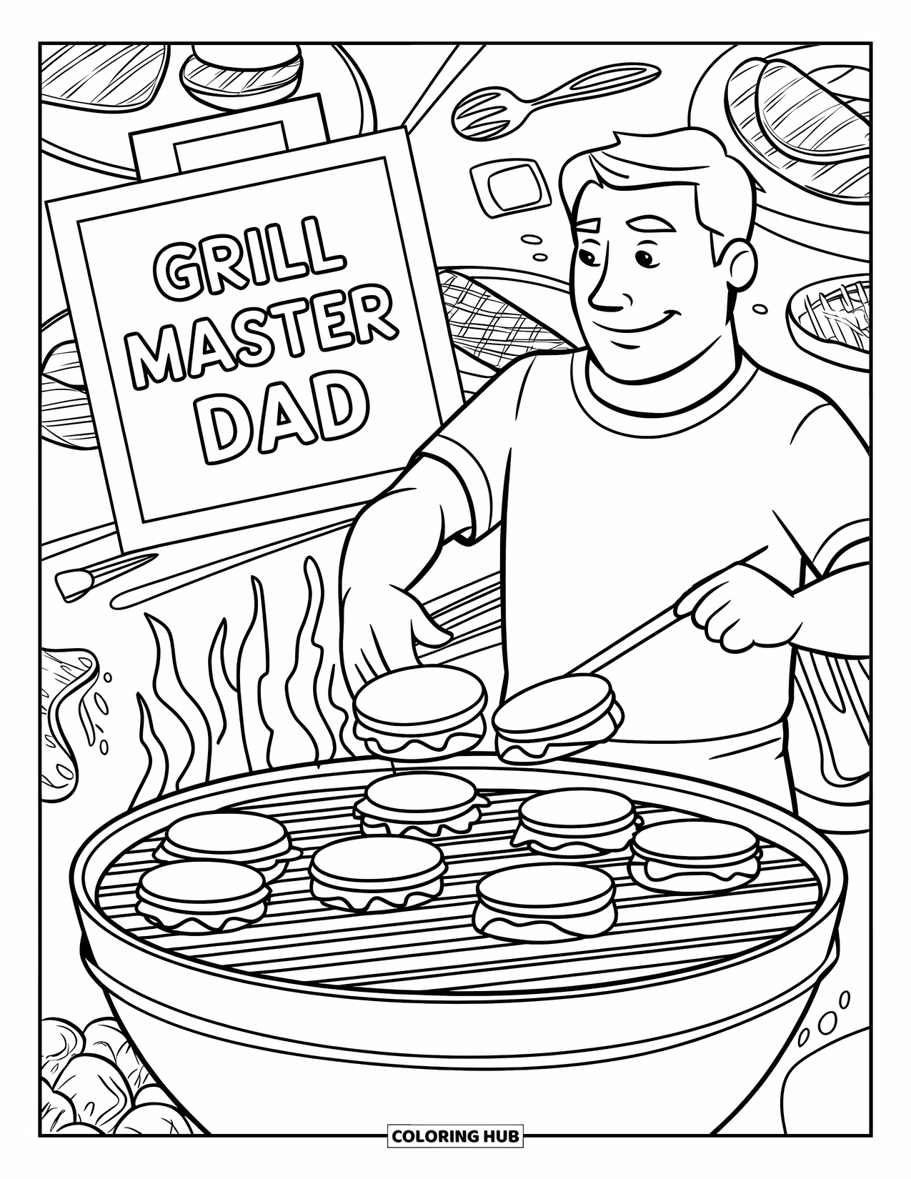 Happy Birthday Dad Coloring Page for Kids: Grilled treats and smoke surround Dad as he cooks beside a "Grill Master Dad" card