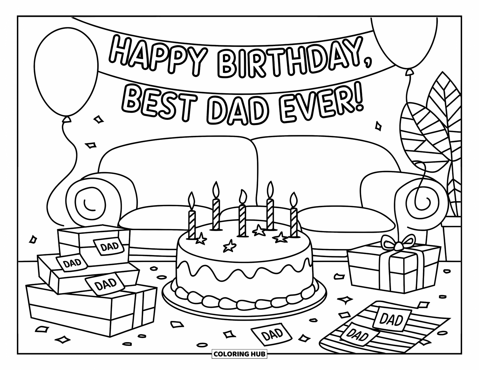 Happy Birthday Dad Coloring Page for Kids: "Happy Birthday, Best Dad Ever!" banner decorates a cozy room with cake and presents