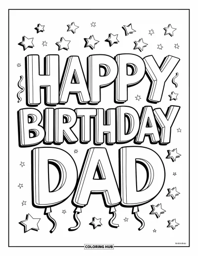 Fargeleggingsark med «Gratulerer med dagen, pappa» for barn: «Happy Birthday Dad» lyser i ballongbokstaver med stjerner og vimpler rundt
