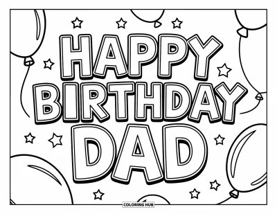 Fargeleggingsark med «Gratulerer med dagen, pappa» for barn: «Happy Birthday Dad» lyser i ballongbokstaver med stjerner i bakgrunnen