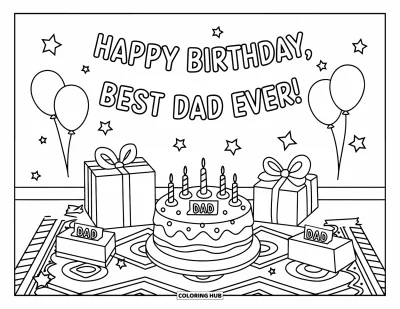 Fargeleggingsark med «Gratulerer med dagen, pappa» for barn: Gaver, ballonger og en stor kake fyller et rom med et «Best Dad Ever!»-banner