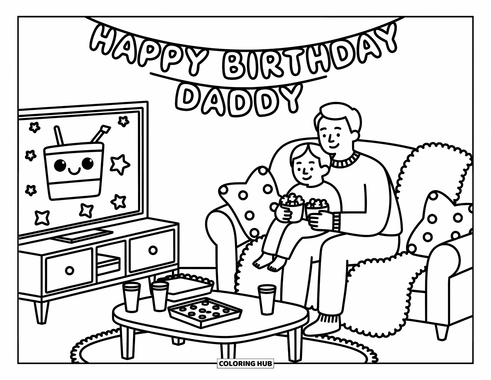 Happy Birthday Daddy Coloring Page for Adults: Cozy movie time with popcorn, pizza, and a birthday banner for dad