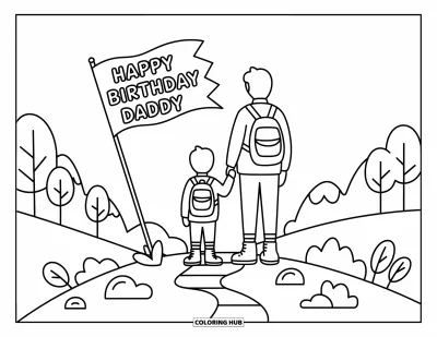 Happy Birthday Daddy Coloring Page for Adults: Cute hiking duo plants a birthday flag while enjoying the mountain view