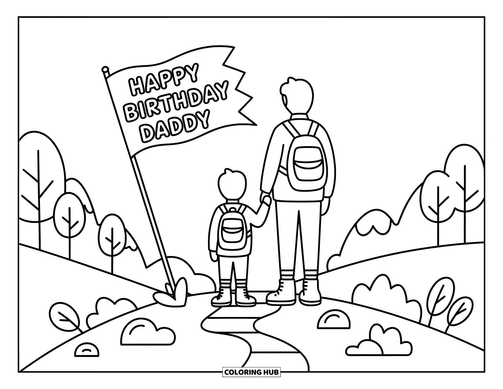 Happy Birthday Daddy Coloring Page for Adults: Cute hiking duo plants a birthday flag while enjoying the mountain view