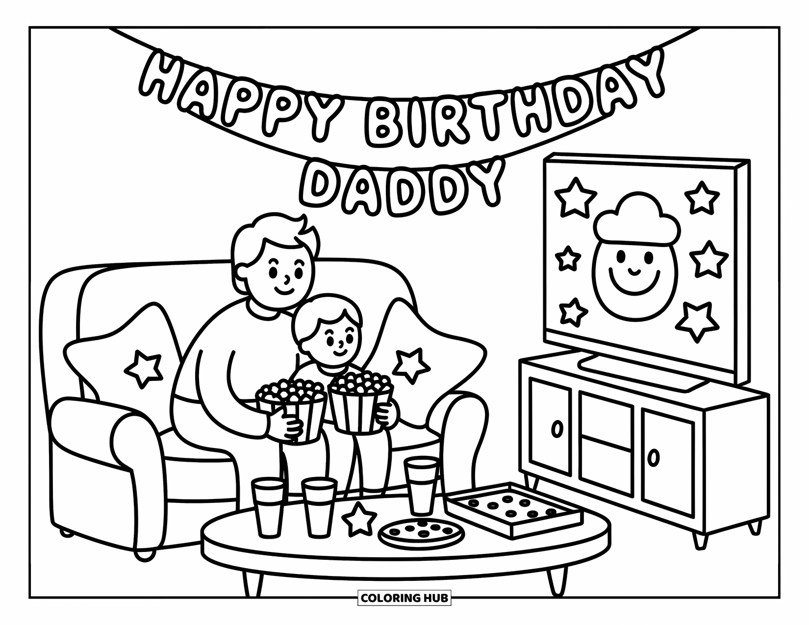 Happy Birthday Daddy Coloring Page for Adults: Dad and child cuddle on the couch with popcorn, pizza, and a birthday movie night