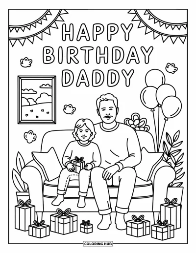 Happy Birthday Daddy Coloring Page for Adults: Dad and child relax on a couch with balloons, gifts, and birthday decorations