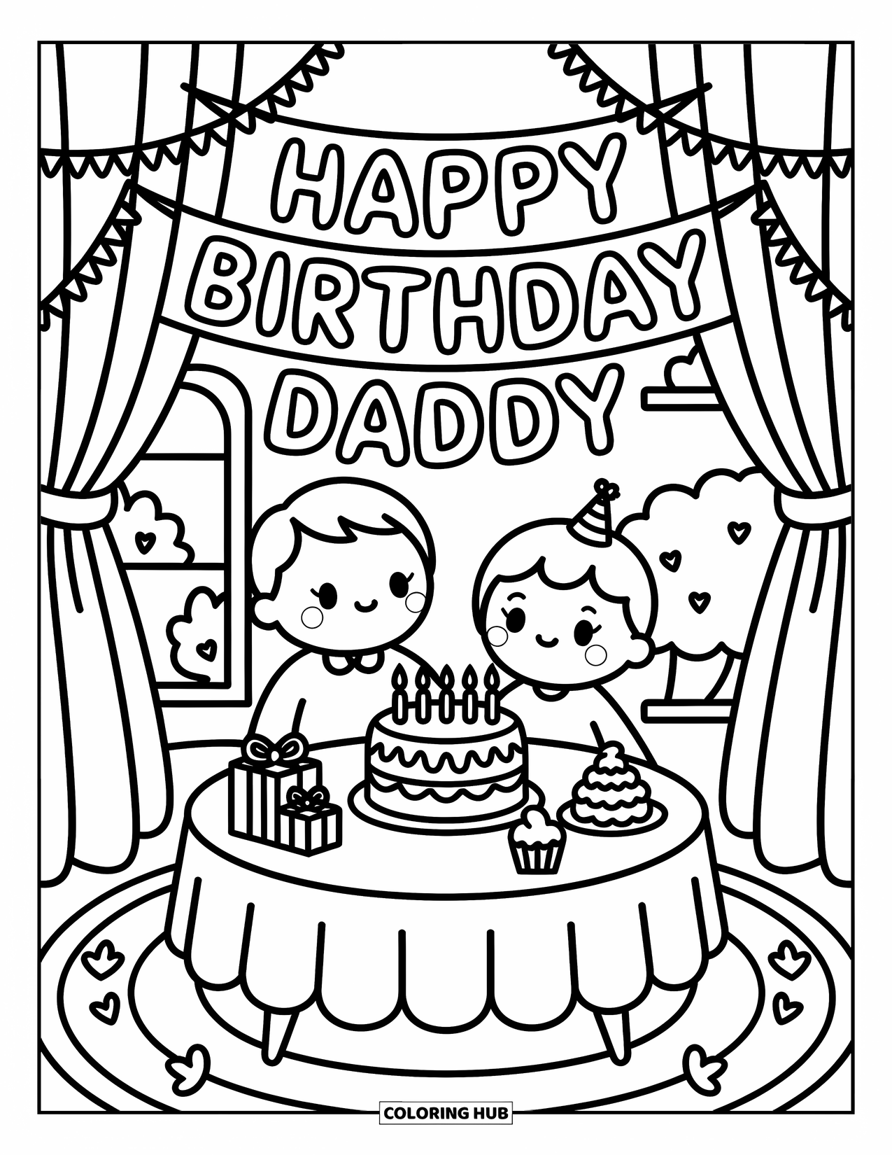 Happy Birthday Daddy Coloring Page for Adults: Dad and child sit at a table with cake, presents, and a birthday banner