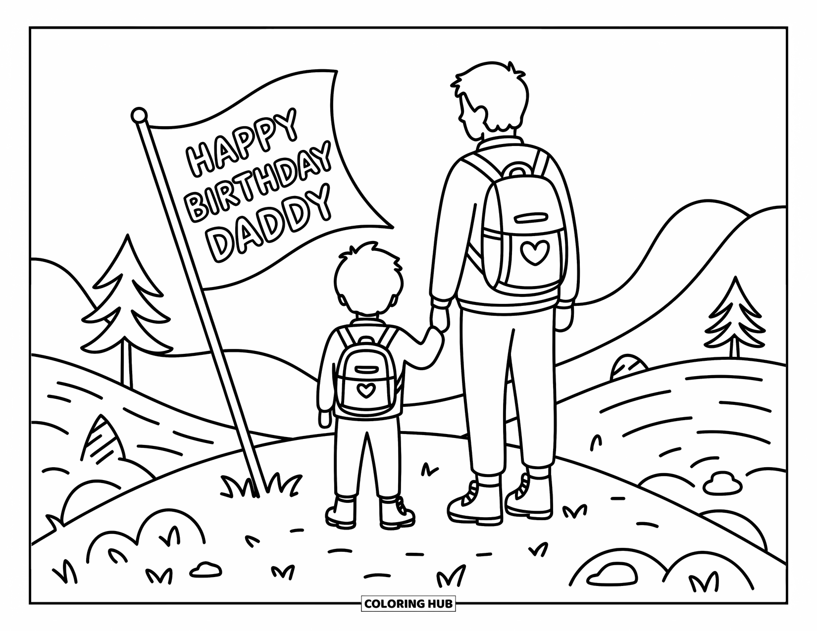 Happy Birthday Daddy Coloring Page for Adults: Dad and child stand on a hilltop trail with a birthday flag and hiking gear