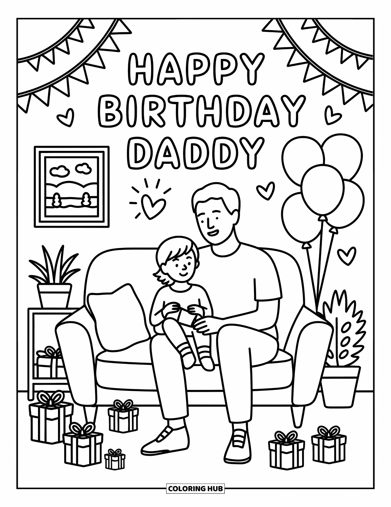 Happy Birthday Daddy Coloring Page for Adults: Father and child enjoy birthday fun on the couch with balloons and streamers