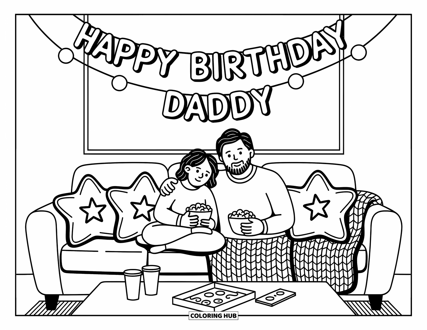 Happy Birthday Daddy Coloring Page for Adults: Father and child share a comfy couch, snacks, and a sweet birthday movie moment