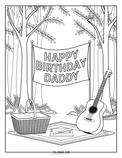 Happy Birthday Daddy Coloring Page for Adults: Forest picnic scene with guitar, basket, and a cheerful birthday flag