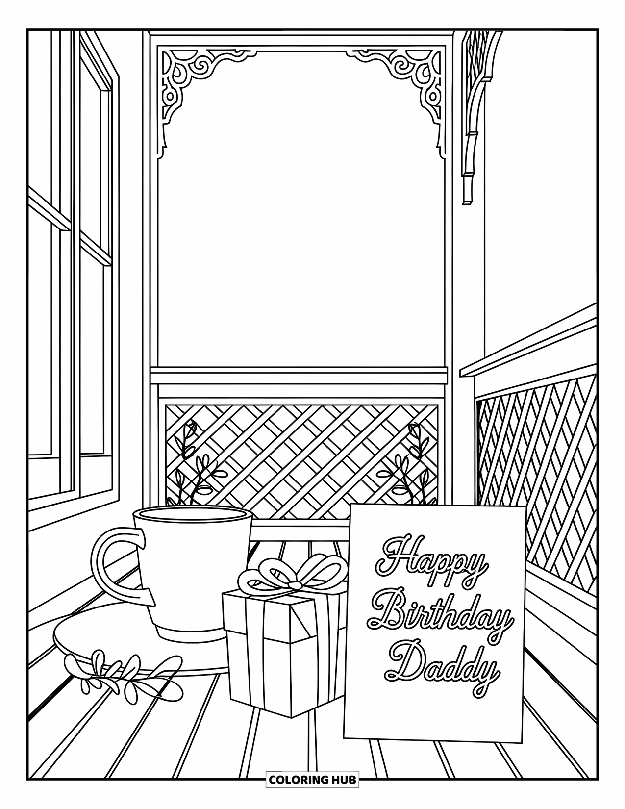 Happy Birthday Daddy Coloring Page for Adults: Gift and coffee sit on a porch with floral patterns and birthday note