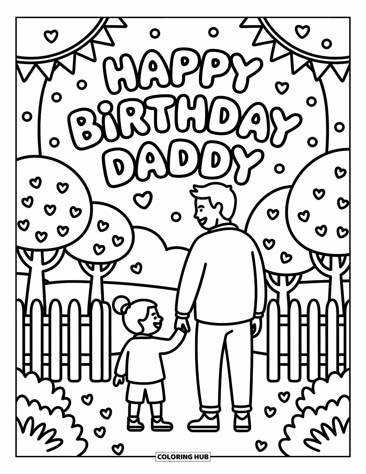 Happy Birthday Daddy Coloring Page for Adults: Outdoor birthday fun with dad and child holding hands by a picket fence