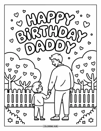 Happy Birthday Daddy Coloring Page for Adults: Smiling father and child stand outdoors with party hats and a birthday arch