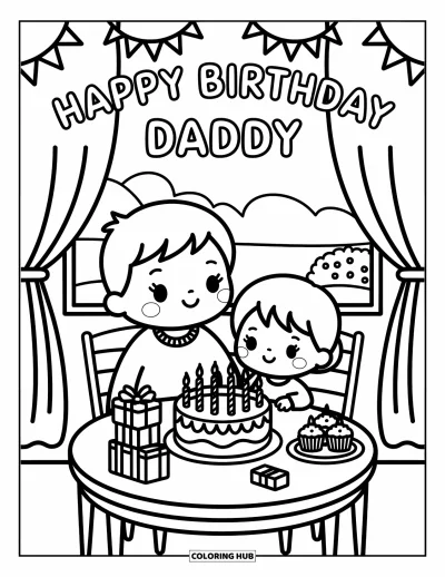 Happy Birthday Daddy Coloring Page for Adults: Warm birthday table moment with cupcakes, candles, and loving decorations