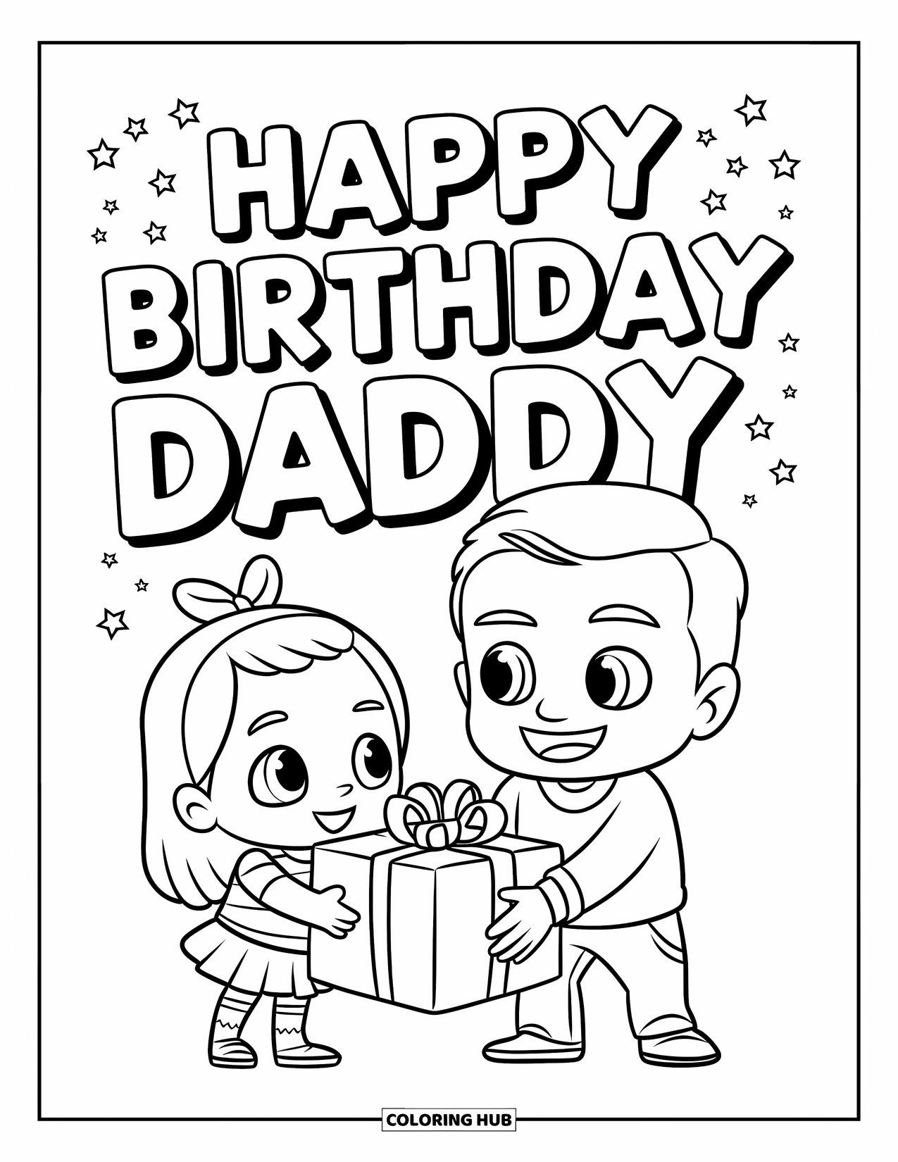 Happy Birthday Daddy Coloring Page for Kids: Chibi girl gives Daddy a big present with a birthday greeting above