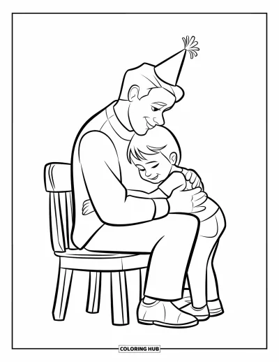 Happy Birthday Daddy Coloring Page for Kids: Daddy wears a party hat while sitting as a child hugs him lovingly