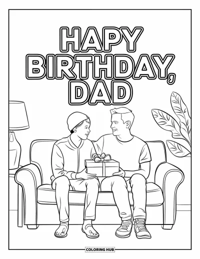 Happy Birthday Daddy Coloring Page for Kids: Father and teen share a quiet birthday moment on the couch